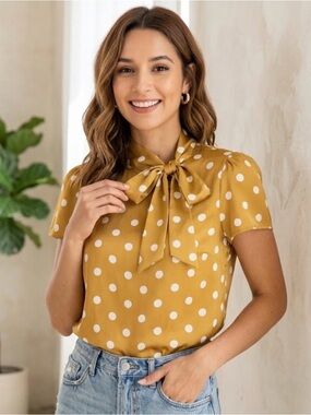 Tulip B Mustard Polka Dot Tie Neck Blouse Retro Style Medium Unique Vintage